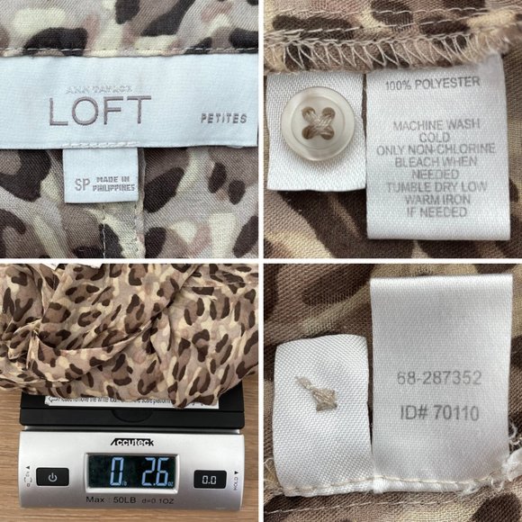 Loft Blouse Women Small Petite Brown Tan Animal Print Ann Taylor Leopard Shirt - Picture 14 of 14